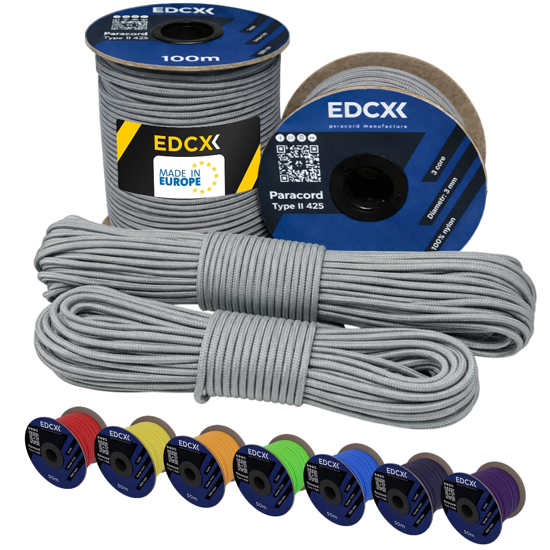 EdcX 3 mm Nylon Paracord 425 (15, 30, 50 and 100m) – 3 mm Type II, 100% Nylon Rope, 3 Strand Rope, 3 mm Nylon Rope in Many Colors (Dark Gray, 30 m)