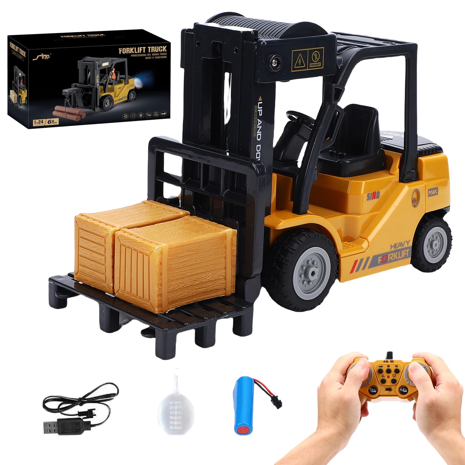 Hylukon 1:24 Scale Remote Control Forklift, 2.4Ghz 11 Channel RC Forklift Transform Lift Fork & Hook, Construction Vehicle Toy with Lights, Sound, Spray Function for Teens Adults (QH207-1D)