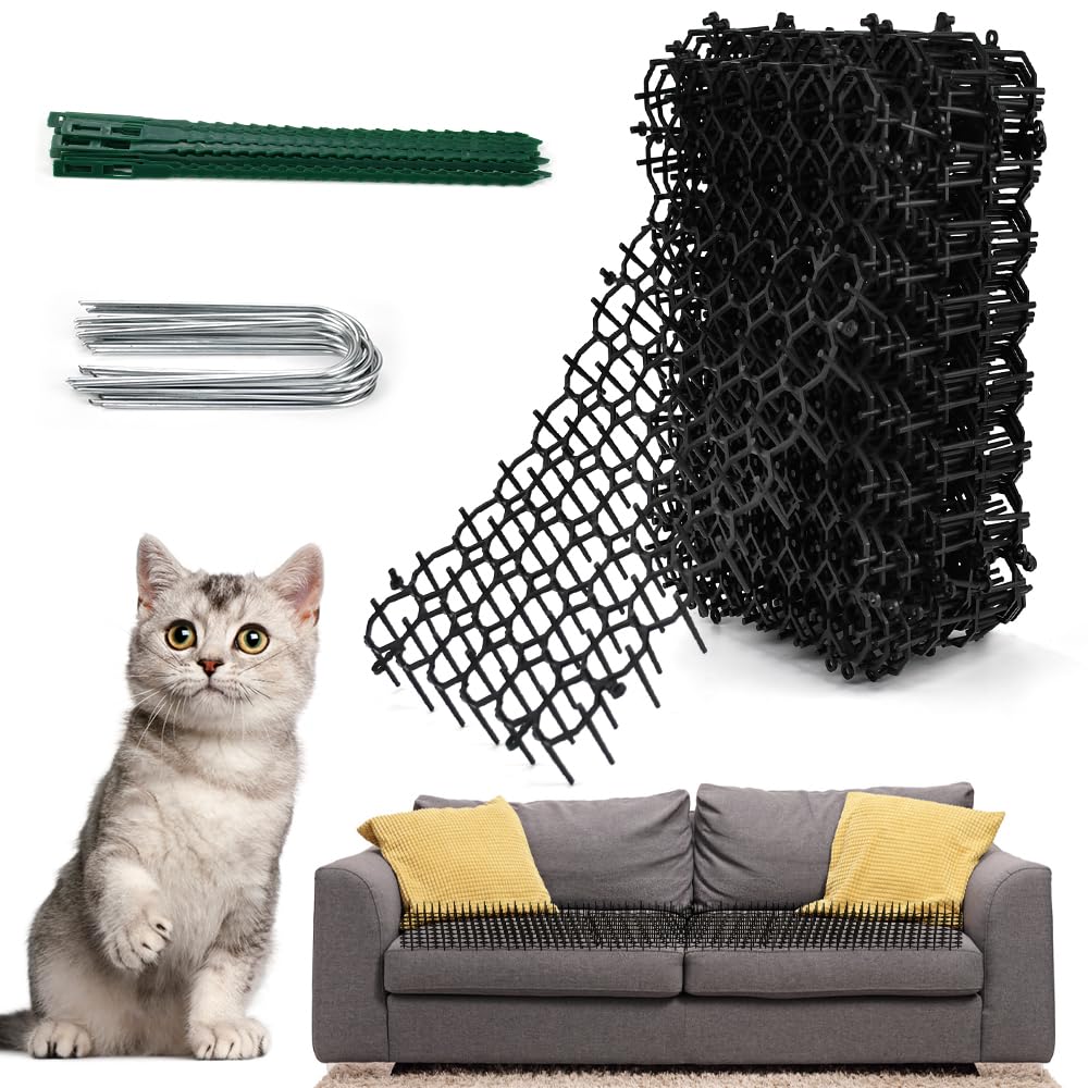 EUIEUT 20 Pcs Cat Scat Mat with Spikes, Plastic Anti Cat Spikes Prickle Strips Cat Repellent Mats Pet Deterrent Net Dig Stopper with U-Shaped Nail and Ties for Garden Indoor Outdoor(15x20cm)