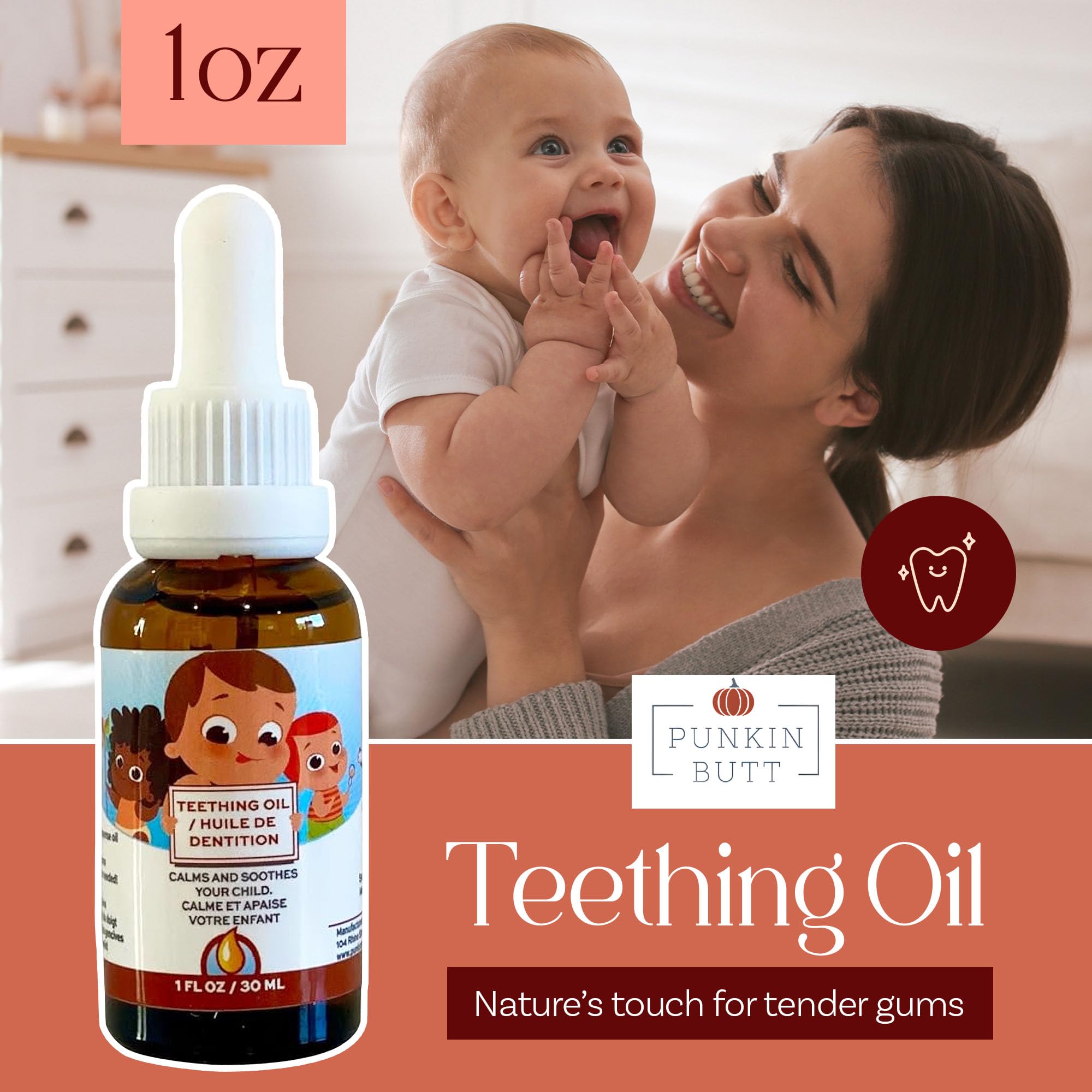 Punkin Butt Teething Oil for Babies, Amber Glass Bottle with Dropper, Natural Teething Relief for Babies, Herbal Infusion with Chamomile, Clove & Peppermint, Daily Use, 1oz
