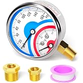 MEANLIN MEASURE 0-160Psi Stainless Steel Thermal Pressure Gauge 30-250℉ 1/4" NPT 2.5" FACE DIAL Liquid Filled Pressure Gauge, with 1/2" NPT and 3/8" NPT Hex Bushing, Lower Mount