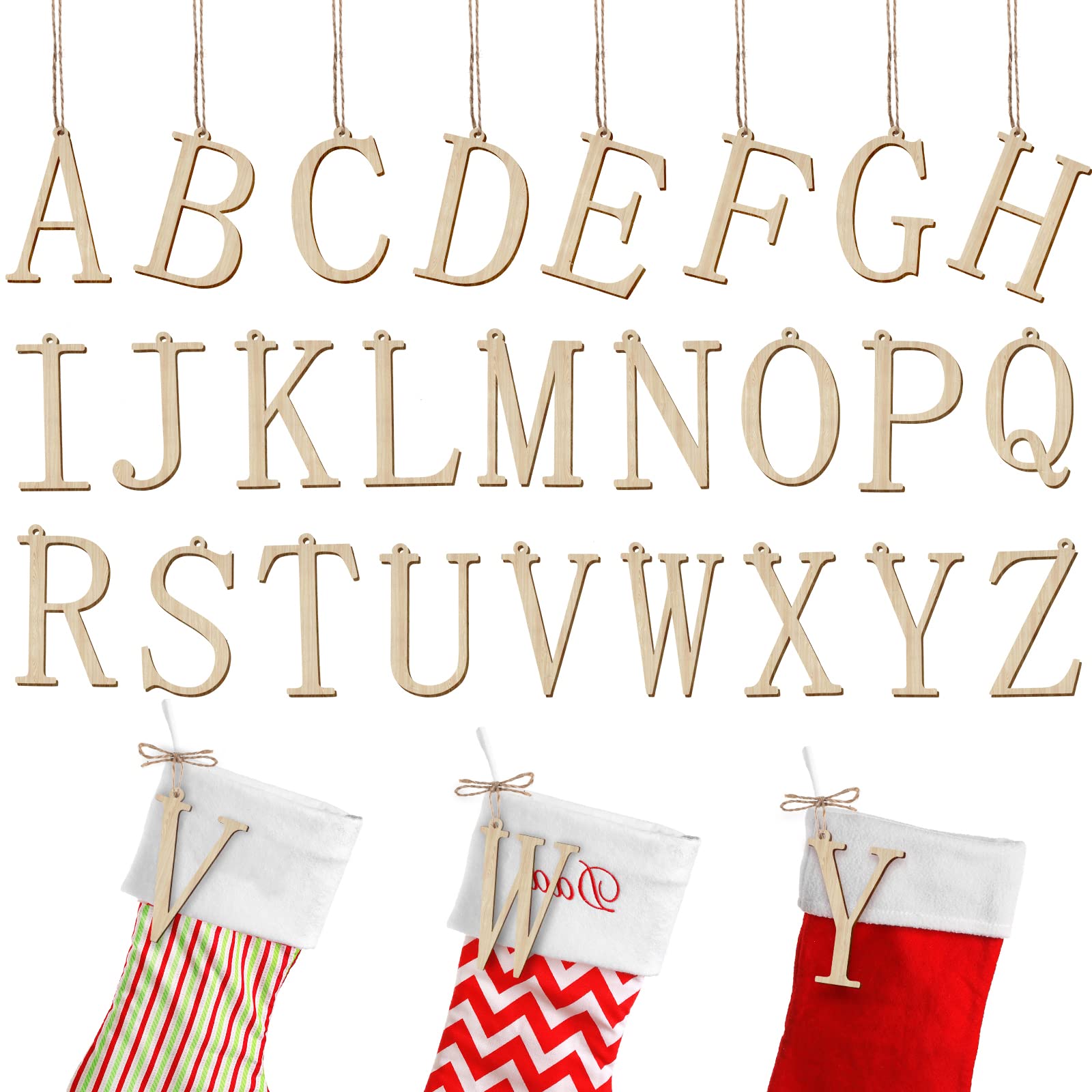 Photo 1 of 26 Pieces Christmas Stocking Tags Letter Cutout Initial Ornaments Personalized Farmhouse Hanging Name Tags for Christmas Rustic Decor(Wood Color,Wood)