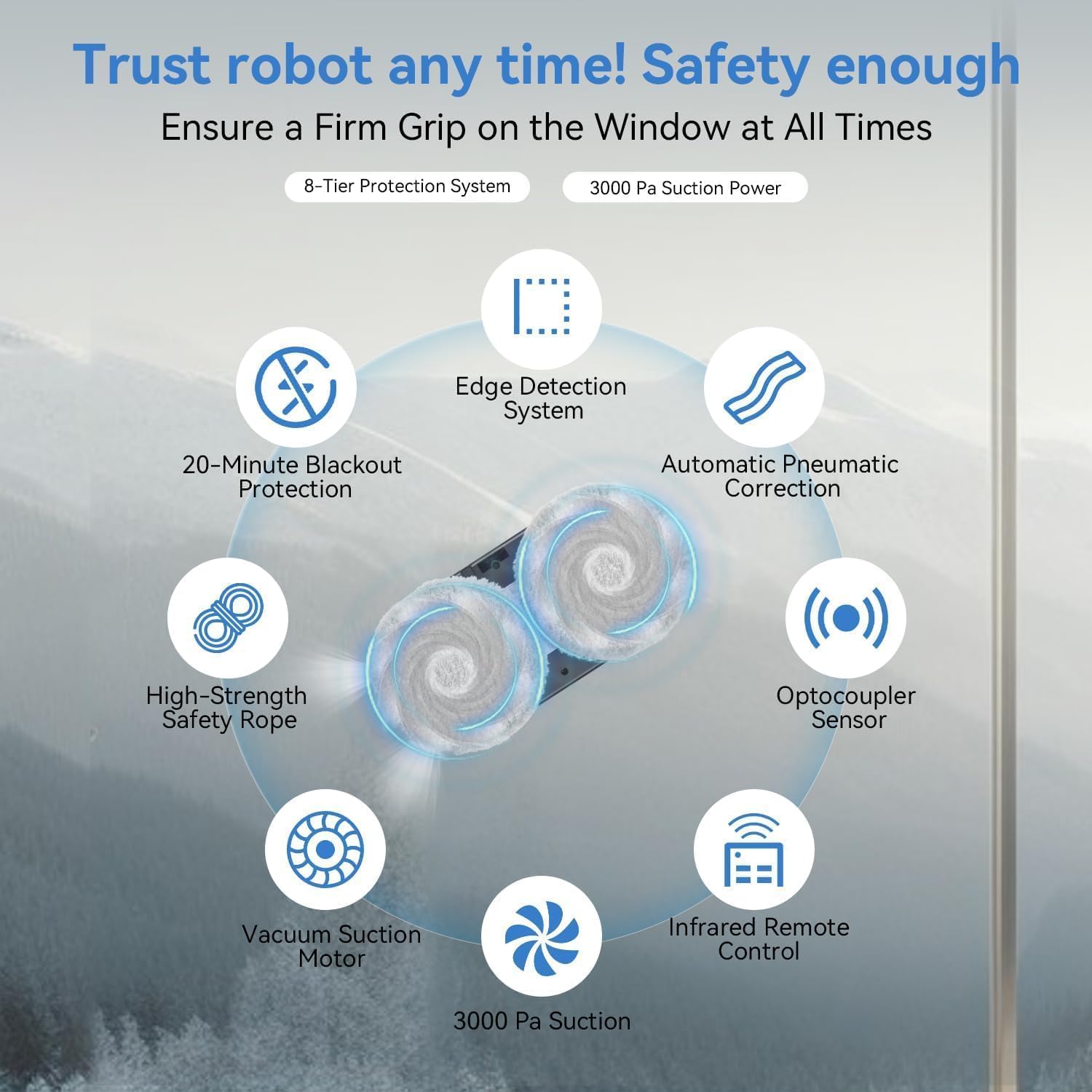 Robot de limpieza automática de ventanas, robot limpiador de ventanas con pulverización dual automática, robot modelo 2025 Limpia Vidrios AI planificación de ruta, succión de 3000 Pa, control remoto, detección de bordes para vidrio sin rayas - SS1