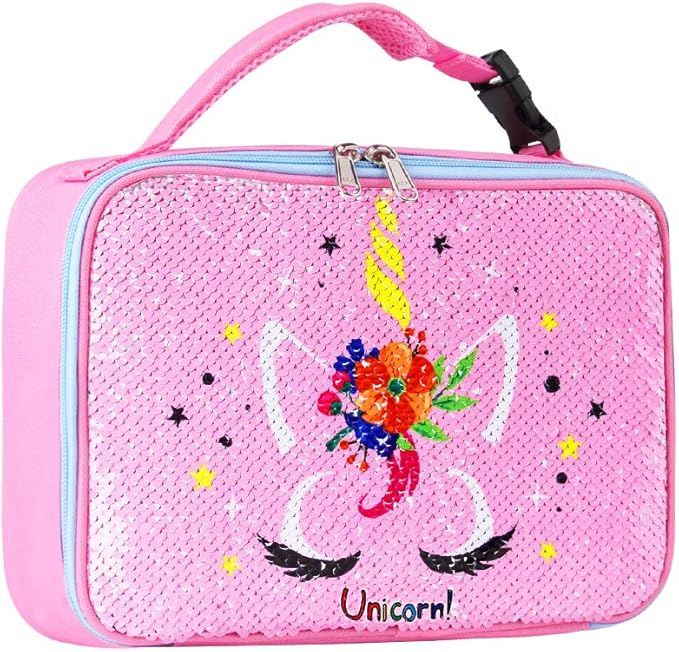 Kids Unicorn Sequin Lunch Box for Girls, Reversible Sequin Flip Color