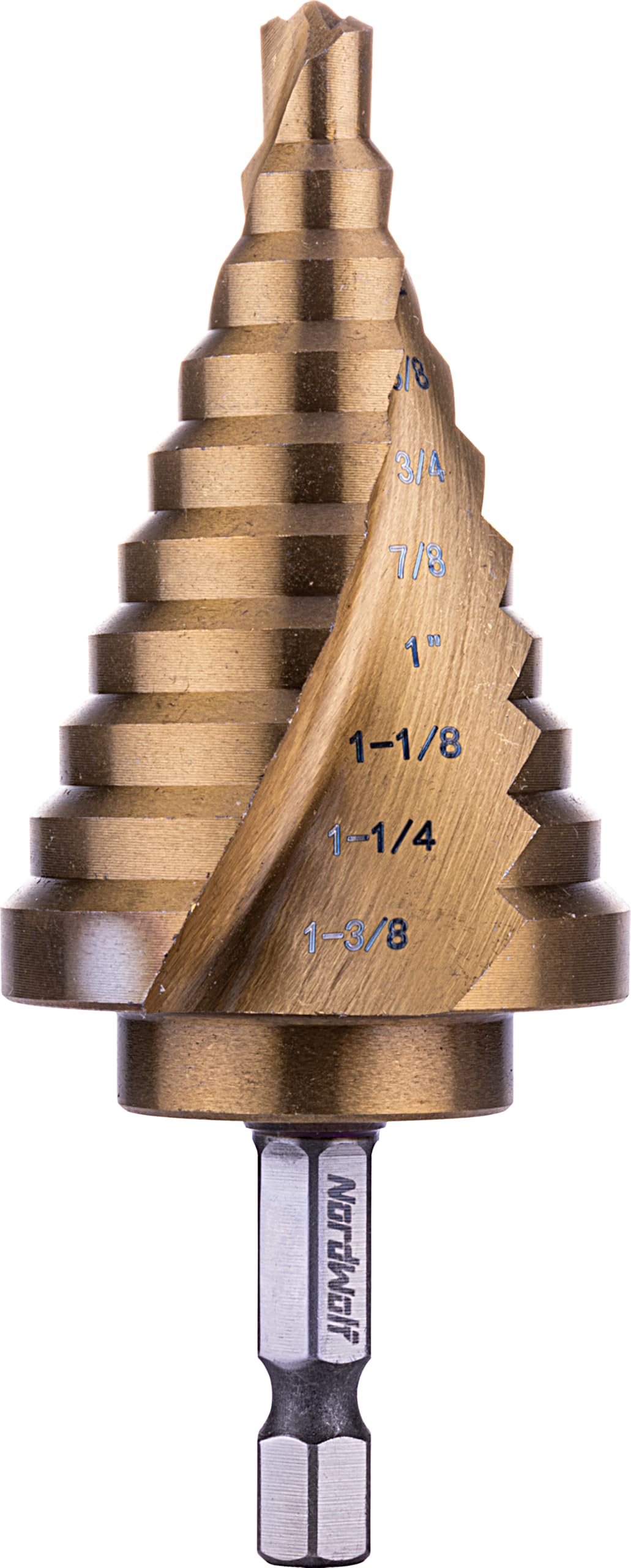 Photo 1 of NordWolf HSS Titanium SAE Step Drill Bit, Spiral Groove Double Flute Unibit with 1/4" Hex Shank for Sheet Metal, 10 Imperial Step Sizes 1/4" to 1-3/8"