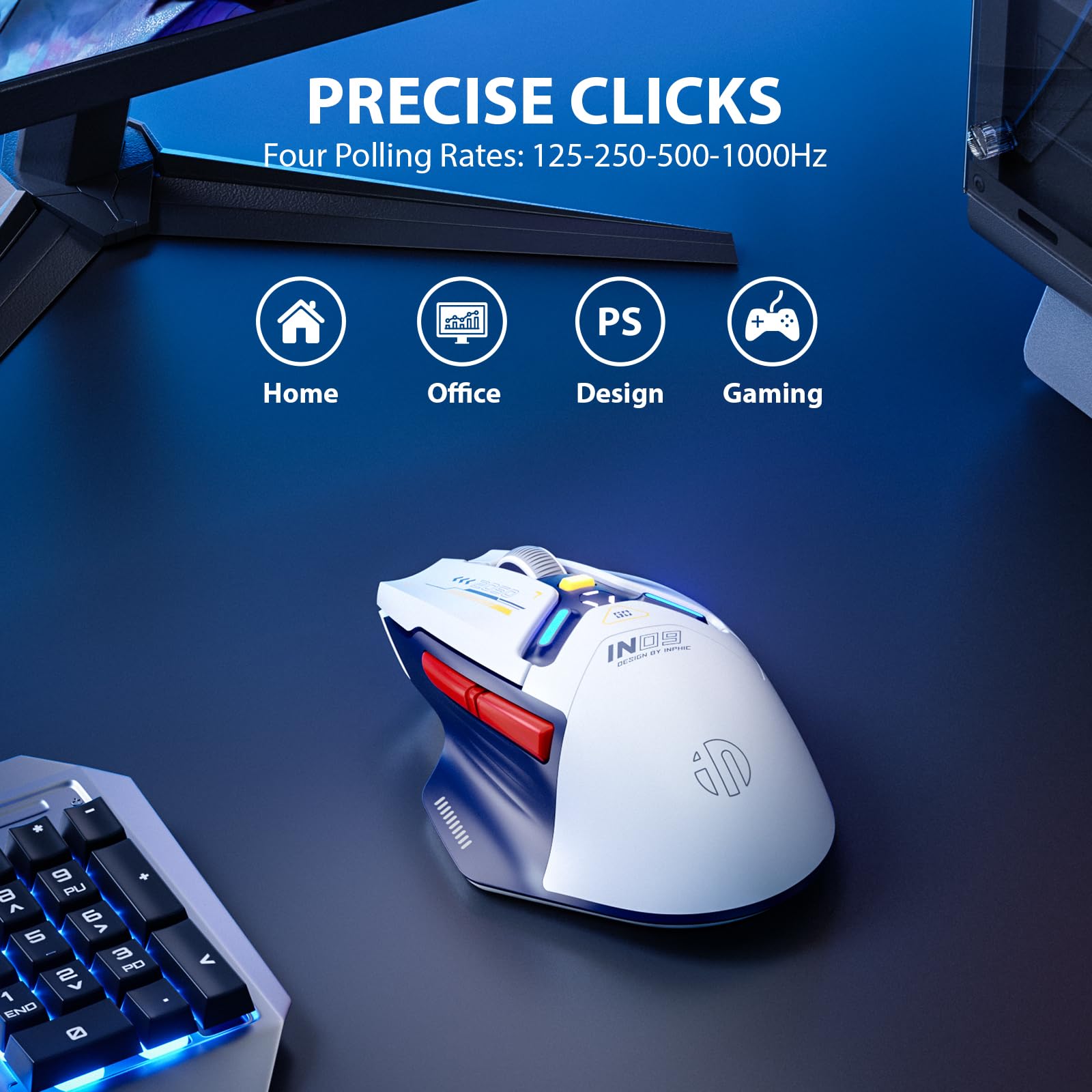INPHIC IN9 Wireless Gaming Mouse, True Tri-Mode Bluetooth/Type-C Wired/2.4G Wireless Connection, 10000 DPl, Fully Programmable, RGB Backlit, for Laptop PC Mac