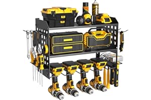 SUNALLY Power Tool Organizer, Heavy Duty Wall Mount Tool Organizer 3 Layers with 4 Drill Holders, Garage Tools Storage Rack with 2 Side Pegboards and Hooks for Workshop, Shed, Black