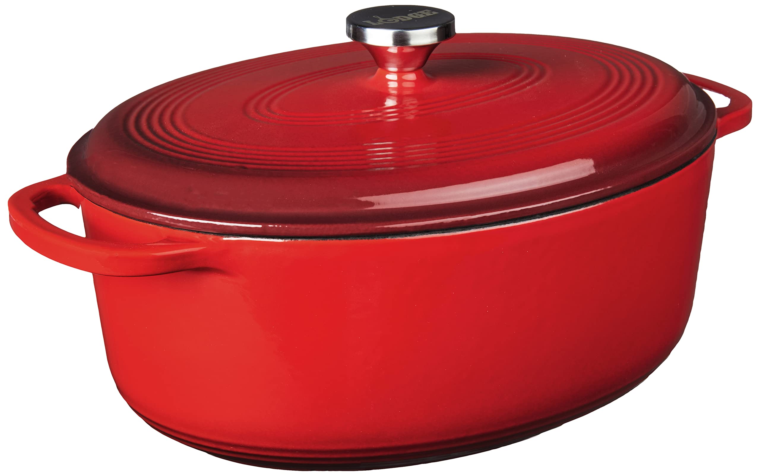 Photo 1 of *  lid has scuff marks, and pot has a crack on the handle *
Lodge 7 Quart Enameled Cast Iron Oval Dutch Oven with Lid – Dual Handles – Oven Safe up to 500° F or on Stovetop - Use to Marinate, Cook, Bake, Refrigerate and Serve – Red