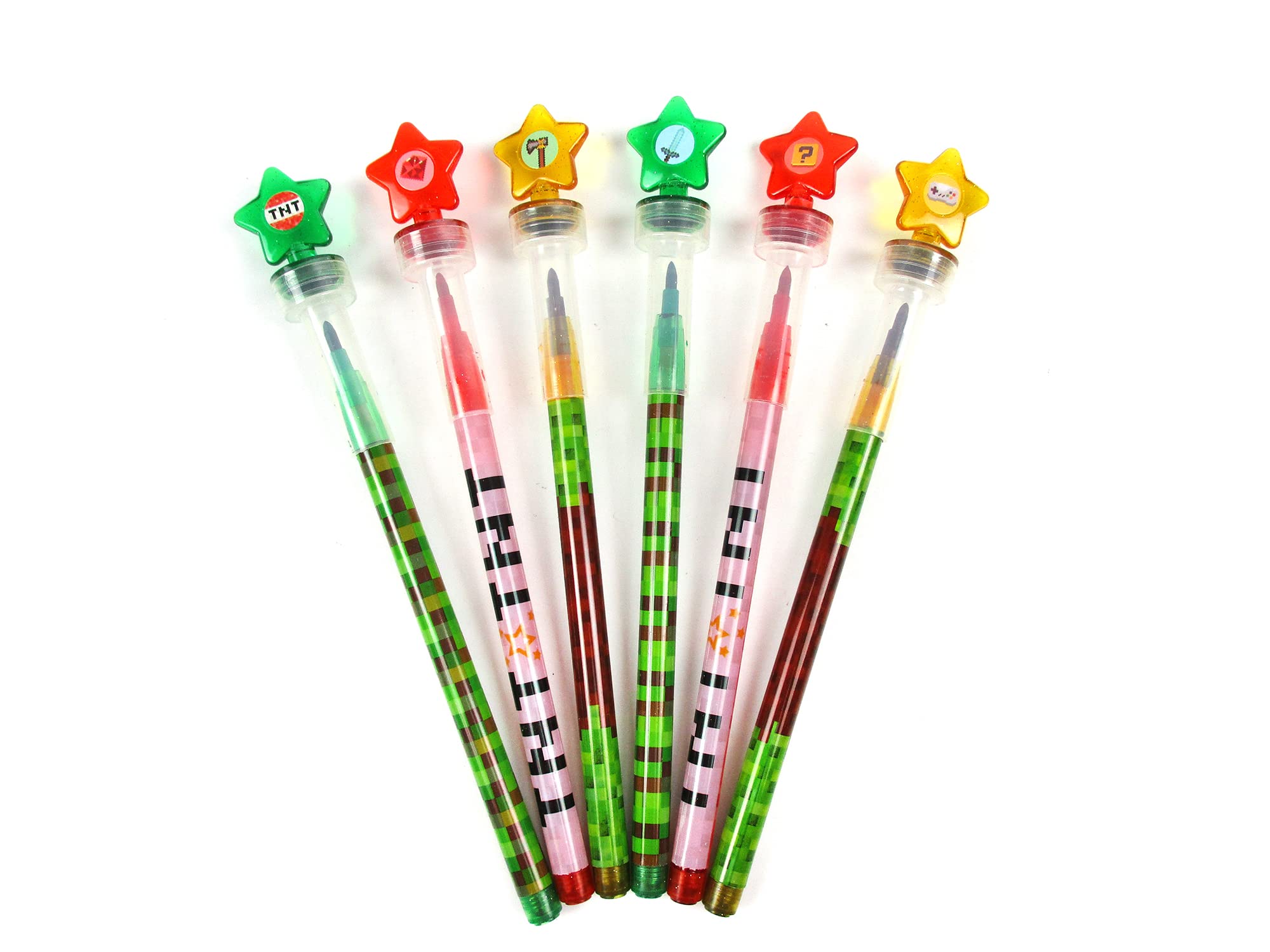 TINYMILLS 24 Pcs Pixel Miner Themed 2 in 1 Stackable Stacking Crayon with Extra Stamper Topper, Kids Party Favors, Goodie Bag Stuffers, Classroom Rewards, Prizes