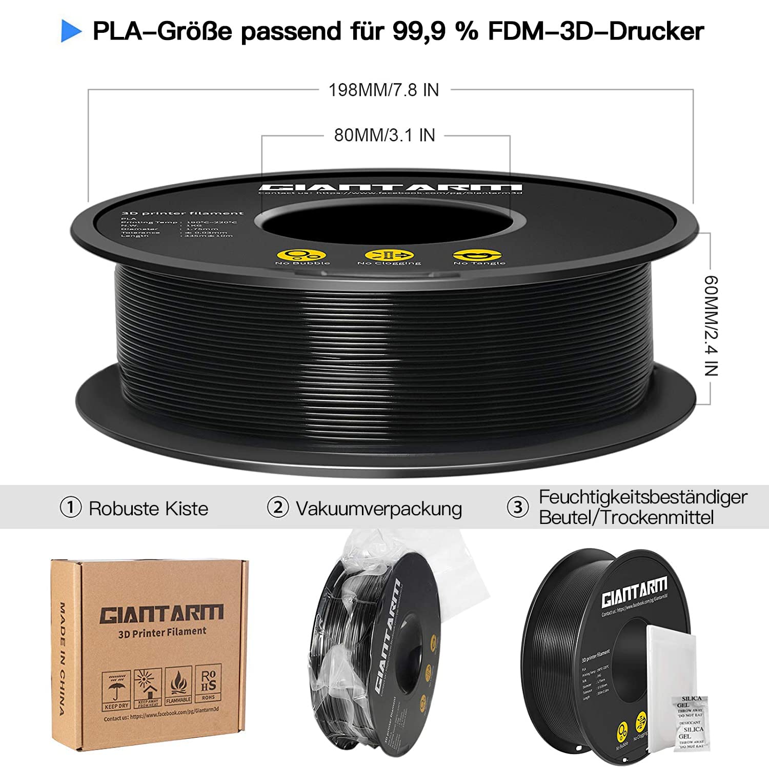 GIANTARM PLA Filament 1.75mm,3D Drucker Filament PLA 1kg,MaBgenauigkeit +/- 0,02mm,3D-Druckmaterialien,PLA Schwarz 5