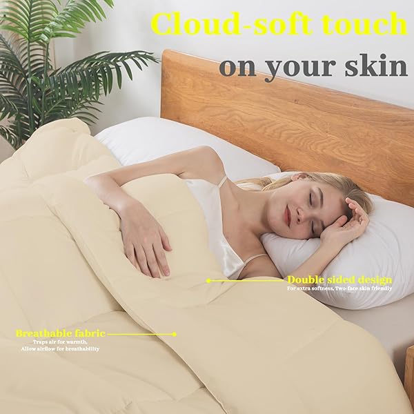 BEDTREAT DOWN ALTERNATIVE COMFORTER FULL DUVET INSERT WITH CORNER TABS, ALL SEASON QUILTED BED COMFORTER BOX-STITCHED FULL COMFORTER BEIGE，MACHINE WASHABLE MICROFIBER BEDDING