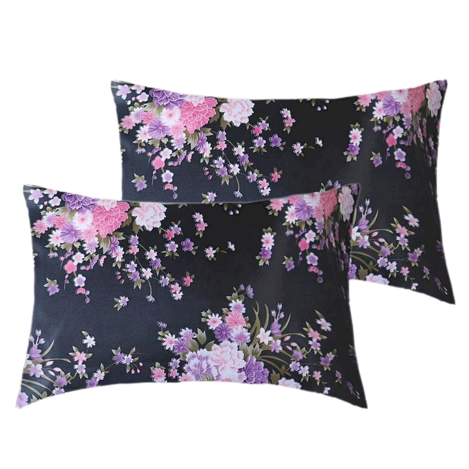 Satin Pillowcases for Hair and Skin 2 Pack - Flower Pattern Silky Pillowcases Set - Softer Than Silk - Luxurious and Silky Queen Standard Pillow Case Cover with Envelope Closure (51x76cm)