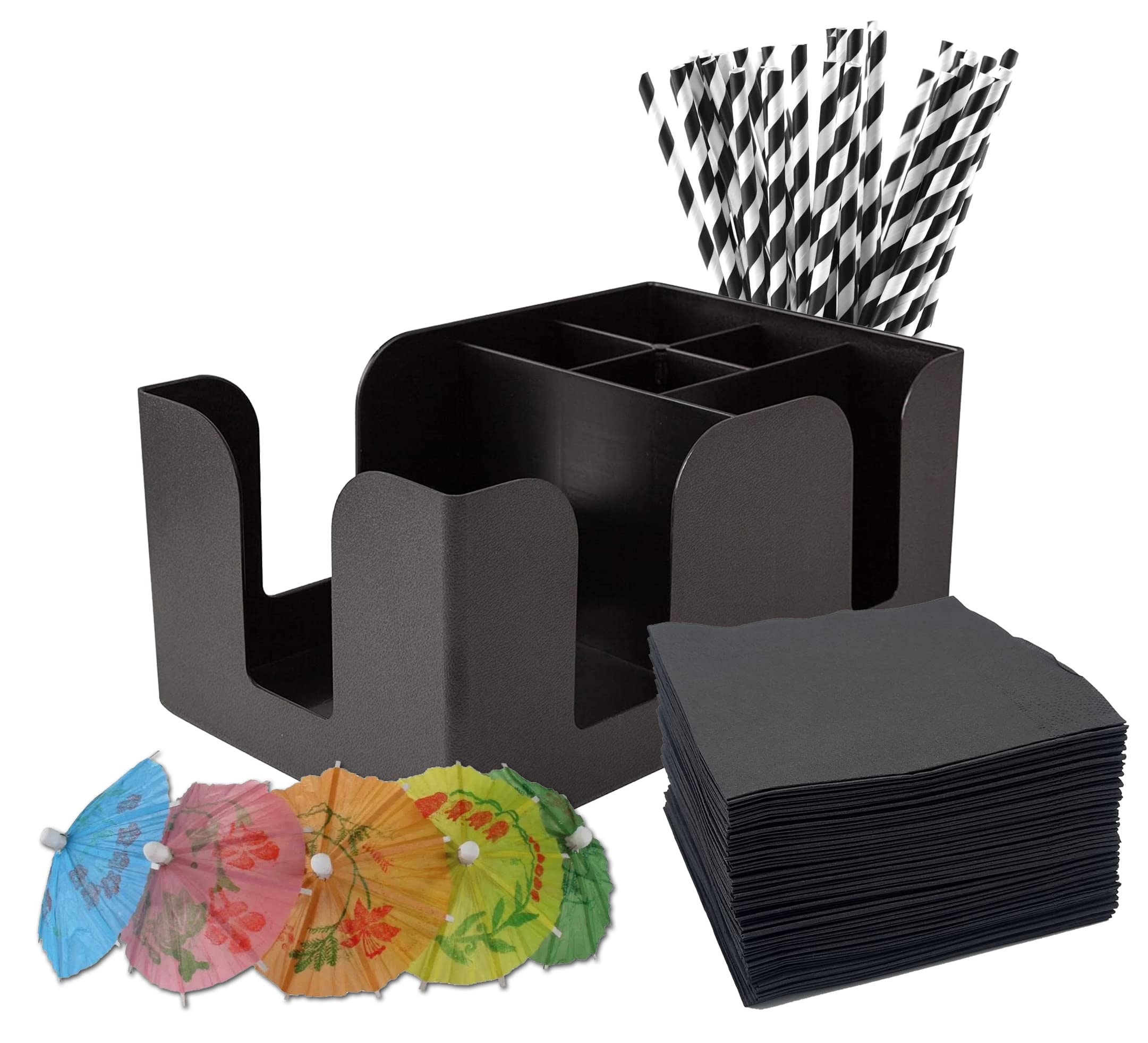 Bar Caddy with Accessories Included - Napkins, Straws and Cocktail Drink Umbrellas Bar Tidy Bar Accessories for Home Pub Bar Black Caddies Starter Kit with Napkin Holder, H106mm x W147mm x L240mm