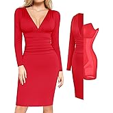 Popilush Long Sleeve Bodycon Dress Shapewear Dress V Neck Ruched Midi Party Cocktail Dresses