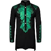 LucMatton Men's Traditional African Dashiki Tunic Long Sleeve Shirt with Metallic Foil Stamping and Mandarin Collar