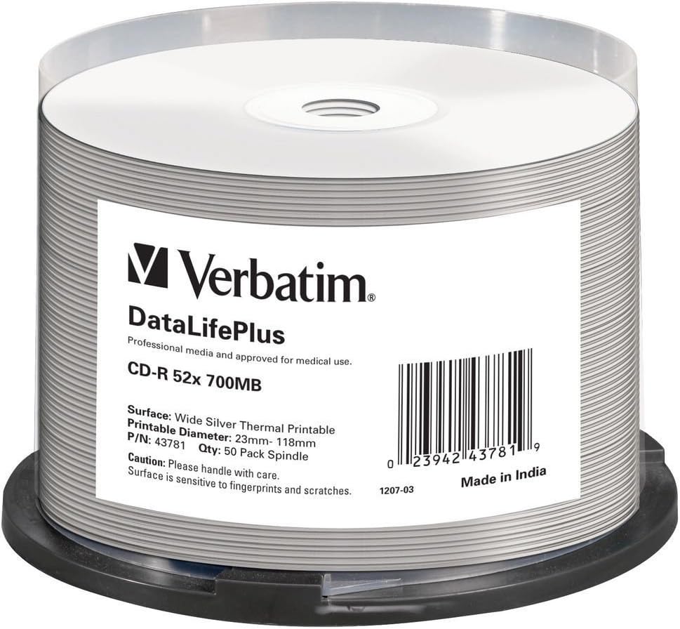 Verbatim 43781 CD-R 52x DataLifePlus Wide Thermal Printable Silver 50 Spindle