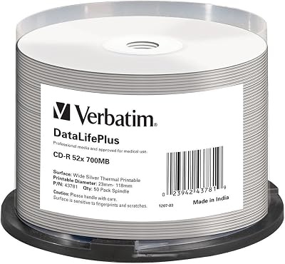 Verbatim 43781 CD-R 52x DataLifePlus Wide Thermal Printable Silver 50 Spindle