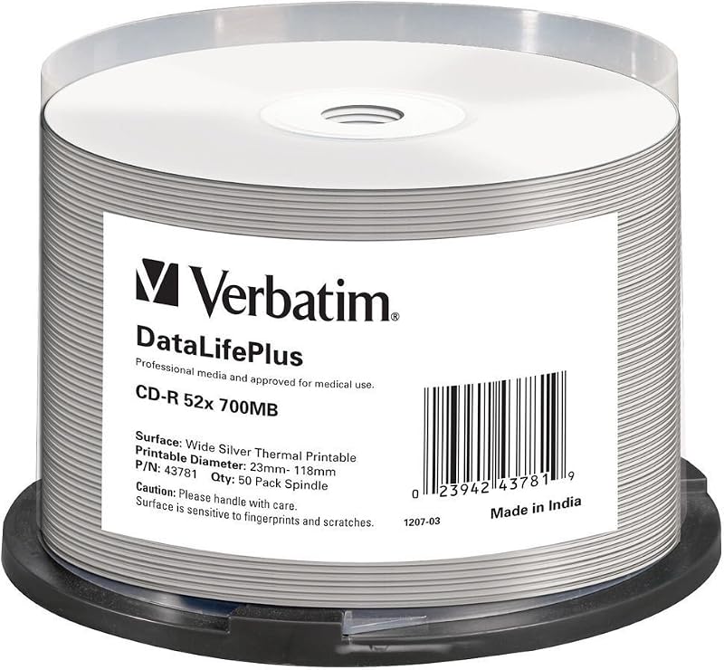 Verbatim 43781 CD-R 52x DataLifePlus Wide Thermal Printable Silver 50 Spindle