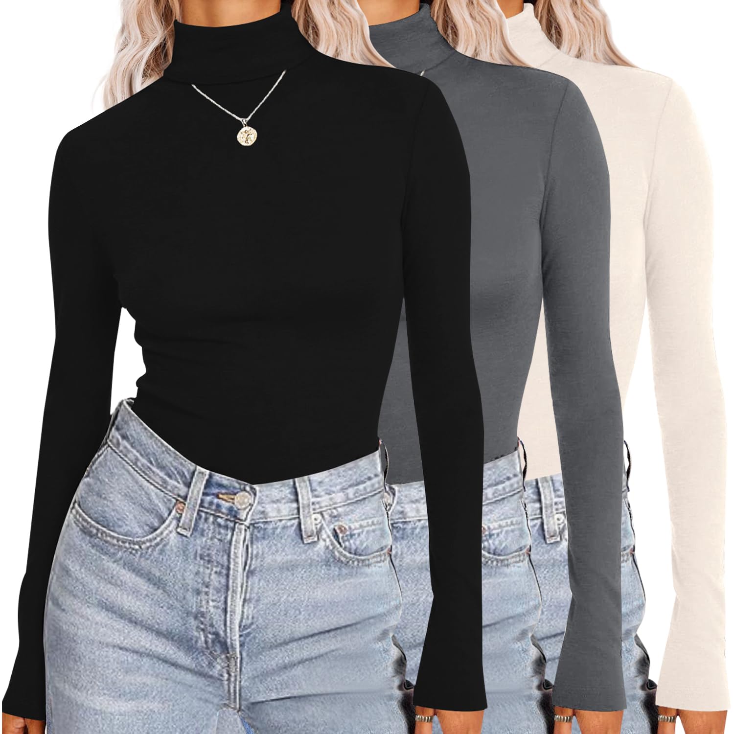 Photo 1 of Ekouaer Womens 3 Piece Turtleneck Long Sleeve Shirts Lightweight Basic Slim Fit Soft Thermal Underwear Tops Black/Grey/Beige L