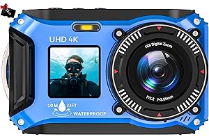 SISUSY 4K Underwater Camera 33FT Waterproof Camera for Snorkeling with 32GB Card Dual-Screen Compact Dustproof Floatable Autofocus UHD 64MP Point and Shoot Digital Camera 1500mAh Battery