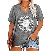 Plus Size Sunflower Shirts Women V Neck T Shirts Short Sleeve Tshirts Summer Tops