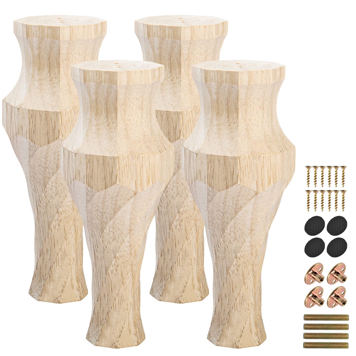 La Vane 6.5 inch / 17cm Wooden Furniture Legs, Set of 4 Solid Wood Carved Unfinished Spiral Fluted Country Replacement Spool Feet with Bolt & Mounting Plate for Sofa Cabinet Couch Table TV Stand