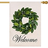 Baccessor Spring House Flag Wreath Garden Flag Magnolia Leaves Welcome Large Yard Flag 28 x 40 Inch Double Sided Burlap Summer Outside Decor