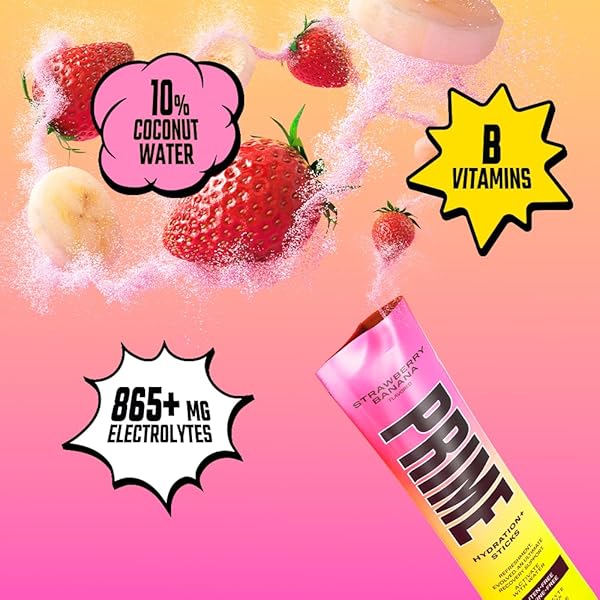 PRIME HYDRATION+ ELECTROLYTE POWDER STICKS, STRAWBERRY BANANA, SUGAR FREE HYDRATION DRINK MIX WITH POTASSIUM, MAGNESIUM & B VITAMINS TO REPLENISH FLUIDS, CAFFEINE FREE, 16 COUNT