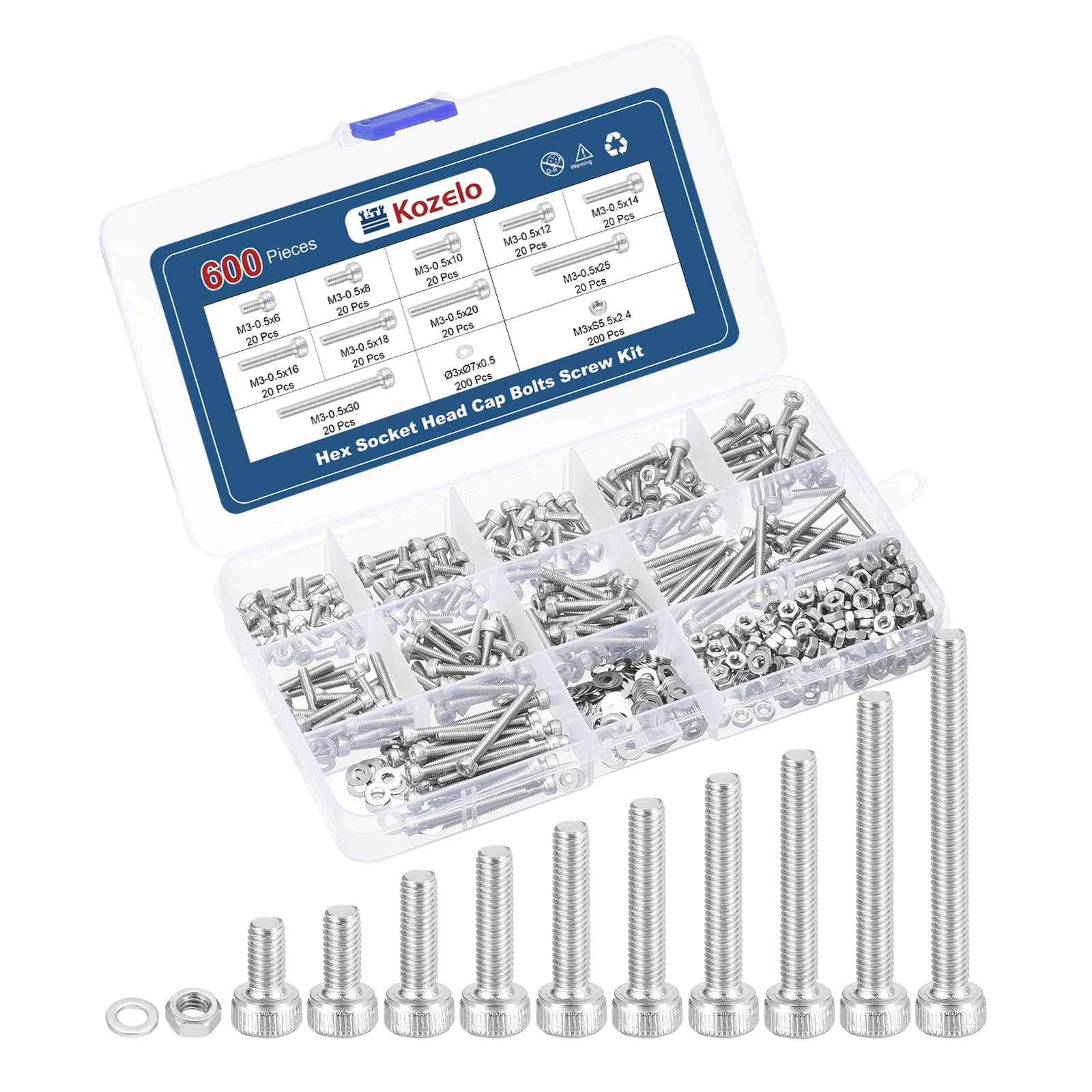 Kozelo 600pcs M3 Socket Head Cap Screws Bolts Nuts Assortment Kit - [M3x6/8/10/12/14/16/18/20/25/30mm] 304 Stainless Steel Allen Socket Drive for 3D Printer