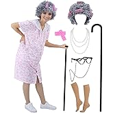KFVZIU 9pcs Adult Old Lady Costume for Women 100 Days of School Costume Grandma Dress Up Old Lady Costume Accessories