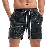AMY COULEE Mens Metallic Shorts 5" Shiny Holographic Disco Shorts Outfit Sparkly Rave Hot Drawstring Shorts