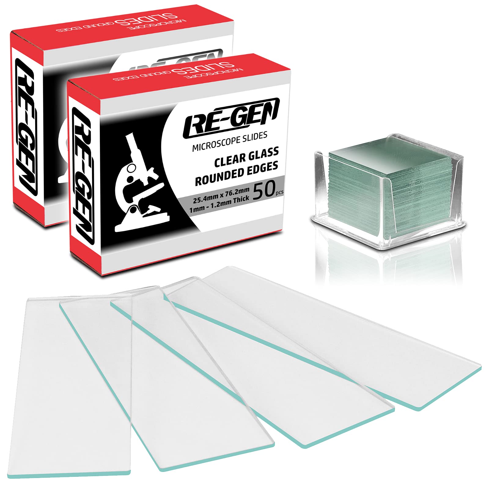 RE-GEN - 100pcs Blank Round Ground Edge Clear Microscope Slides + 100 Square Cover Glass Slips