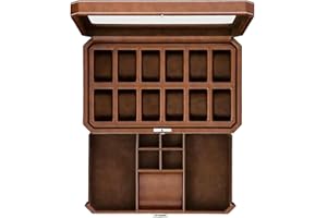 ROTHWELL 12 Slot Leather Watch Box with Valet Drawer - 12 Slot Luxury Watch Case Display Organizer, Microsuede Liner, Mens Accessories Holder, Jewelry Case, Jewelry Display Organizer (Tan/Brown)