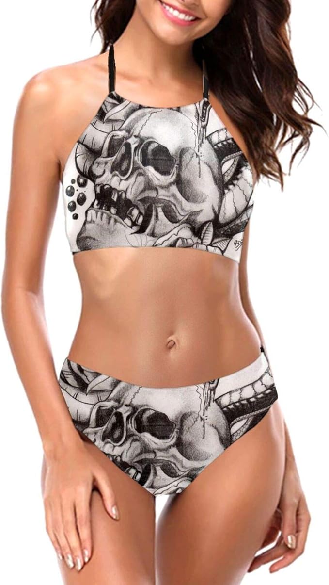 Amazon.com: Women Girls Two Piece Swimsuit Classic Bikini High Neck Halter Swimsuits Padded 