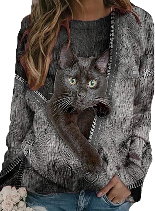 Keephen Women's Cute Black Cat Graphic Print Sweater Sweatshirt Long