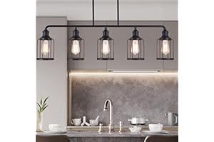 mavcadonf Kitchen Island Light,5-Light Dining Room Light Fixture, Cage Linear Pendant Lighting for Kitchen Island Dining Table Living Room, Black Metal