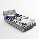 Ambesonne Christmas Fitted Sheet, Moon Santa Claus Reindeer Hovering in Winter Sky of a Small Village Illustration, Bed Cover with All-Round Elastic Deep Pocket for Comfort, Twin XL Size, White