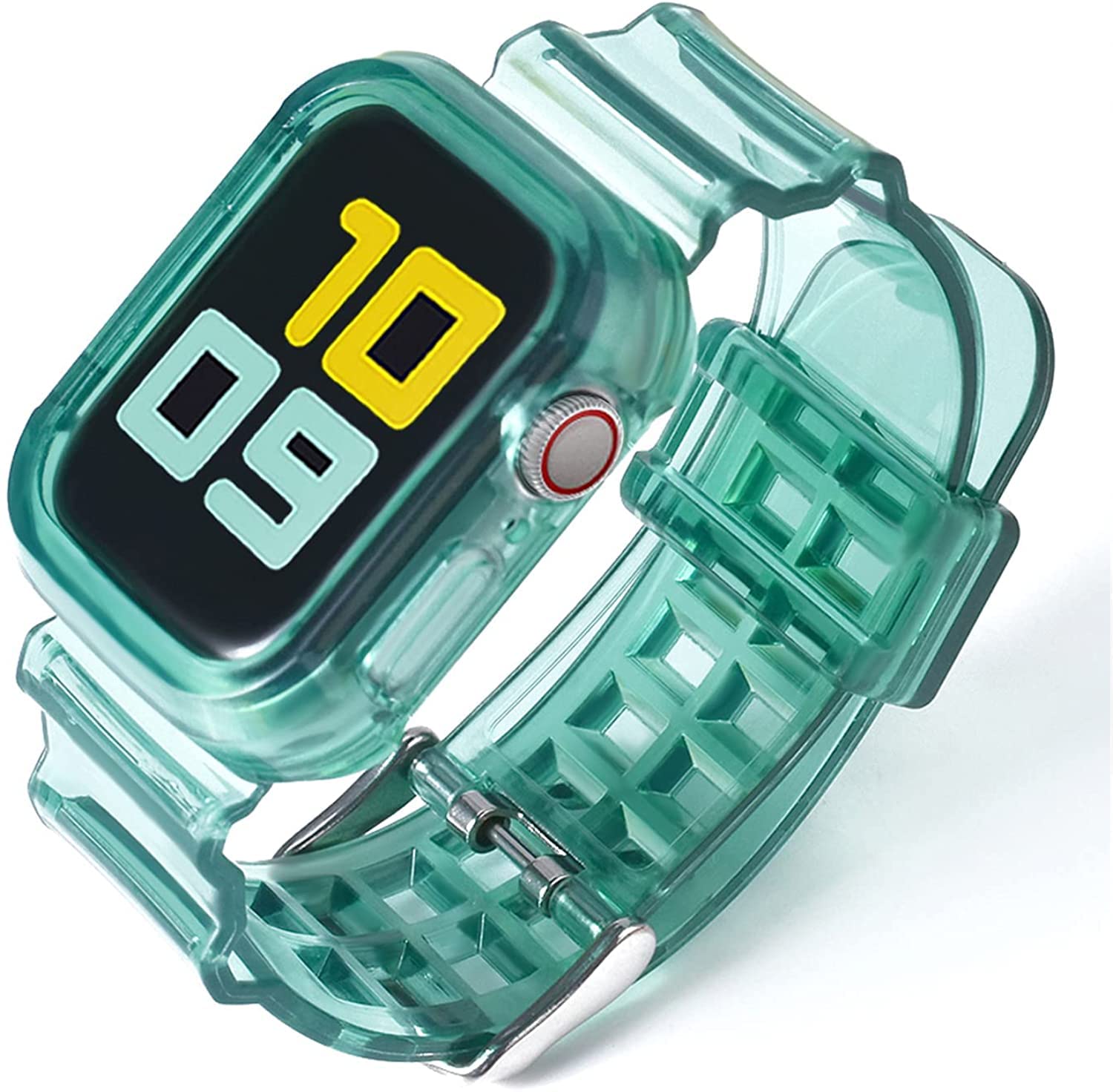 Fleshy Leaf Compatible with Apple Watch Bands Series SE 7 6 5 4 3 2 1, Clear Soft Silicone Strap with Bumper Protective Cases for Apple Watch 42/44/45 mm & 38/40/41 mm (Green)