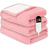 PTQ Premium Heated Throw Blanket 50"×60" - Ultra Cosy Soft Electric Blanket with 8 Heating Levels,Plush Fast Heating Faux Rabbit Fur Blanket for Bed & Couch - Auto Shut Off,Machine Washable (Pink)
