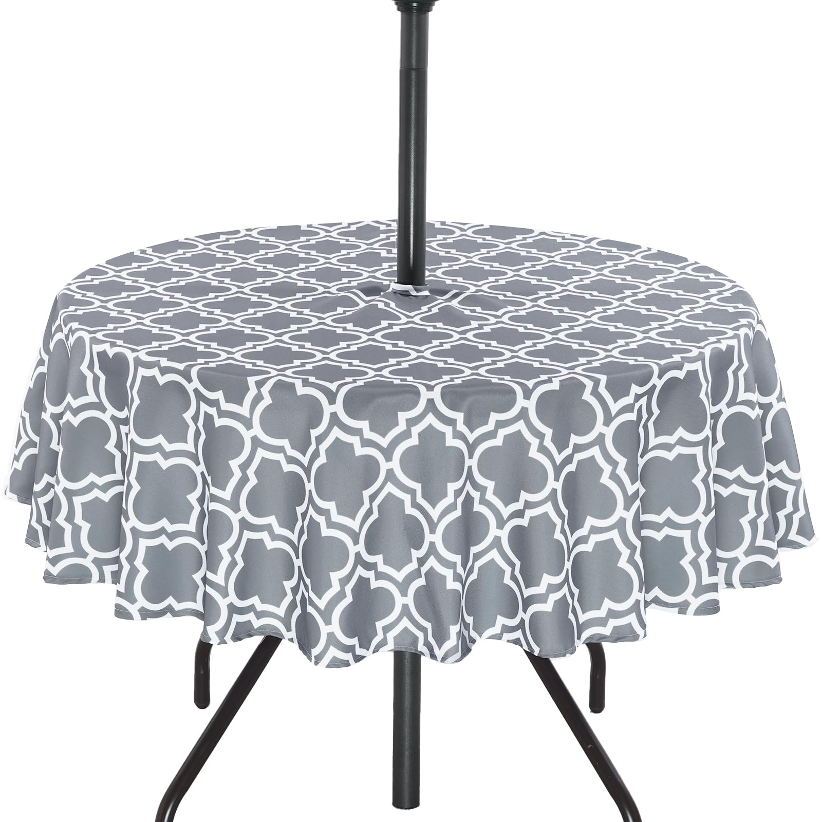 3E Home Outdoor Table Cloth,Splashproof Patio Round Tablecloth with Parasol Hole and Zipper for Garden Picnic BBQ Partyic [60 inches (152 cm) Grey Lattice]