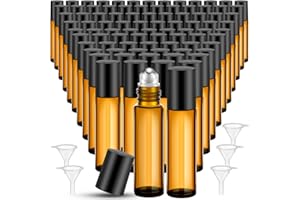 SEEWEY 96 Pcs Essential Oil Roller Bottles 10ml Empty Glass Roller Bottles with Stainless Steel Balls Protection Leakproof with 5 Funnel for Travel Perfume Lip Gloss(Amber)