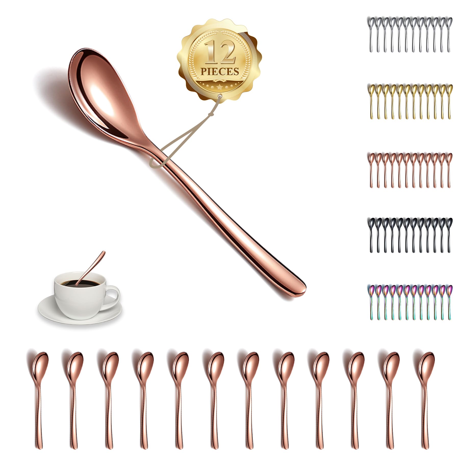 Kyraton Rose Gold Teaspoons 12 Pieces, 14cm Stainless Steel Tea Spoons with Copper Titanium Plating, Dishwasher Safe
