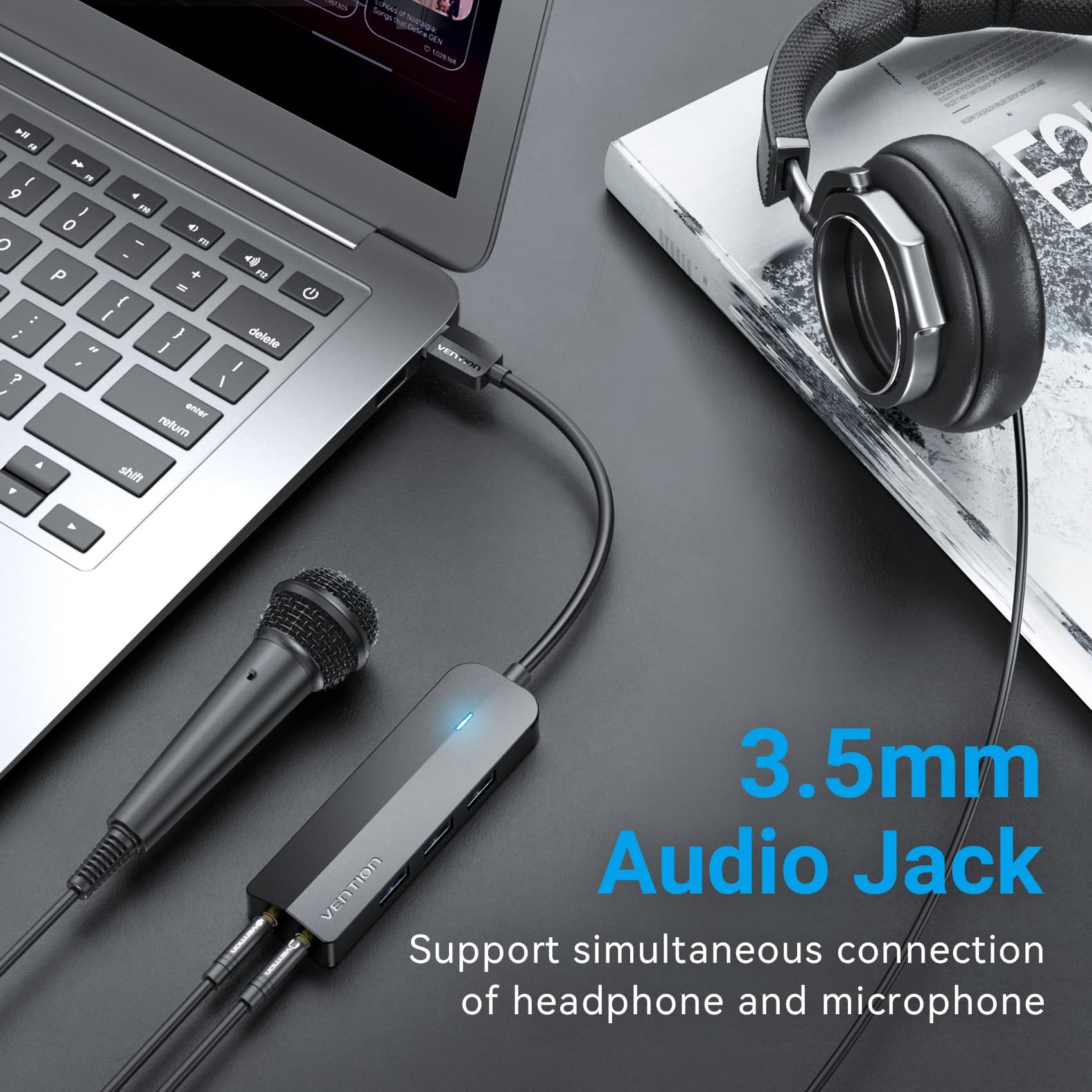 VENTION USB 3.0 Hub 3-Port USB Sound Card 2 in 1 External Stereo Audio Adapter 3.5mm with Headphone and Microphone High Speed for Laptop Computer Mac OS Windows Linux