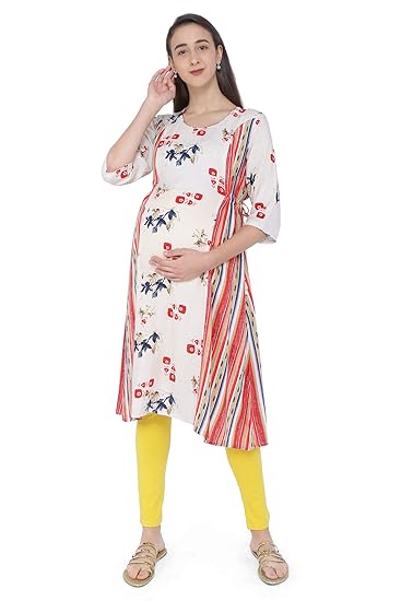 Women's Rayon A-Line Maternity Kurta/Easy Breast Feeding/Breastfeeding Kurti/Western Dress with Zippers for Nursing Pre and Post Pregnancy