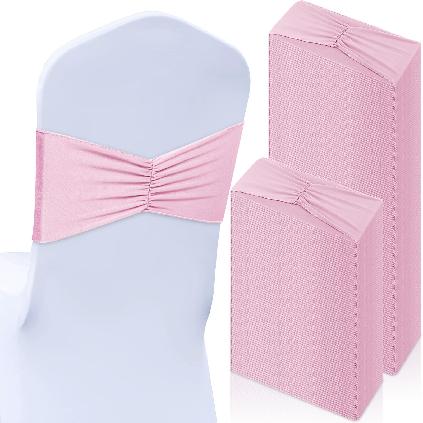 Photo 1 of Moukeren 100 Pcs Spandex Chair Sashes Bows Chair Bands Slider Sashes for Chair Covers Elastic Chair Bands Ties Ribbon Chair Decorations for Wedding Party Events Ceremony Birthday Banquet(Light Pink)
