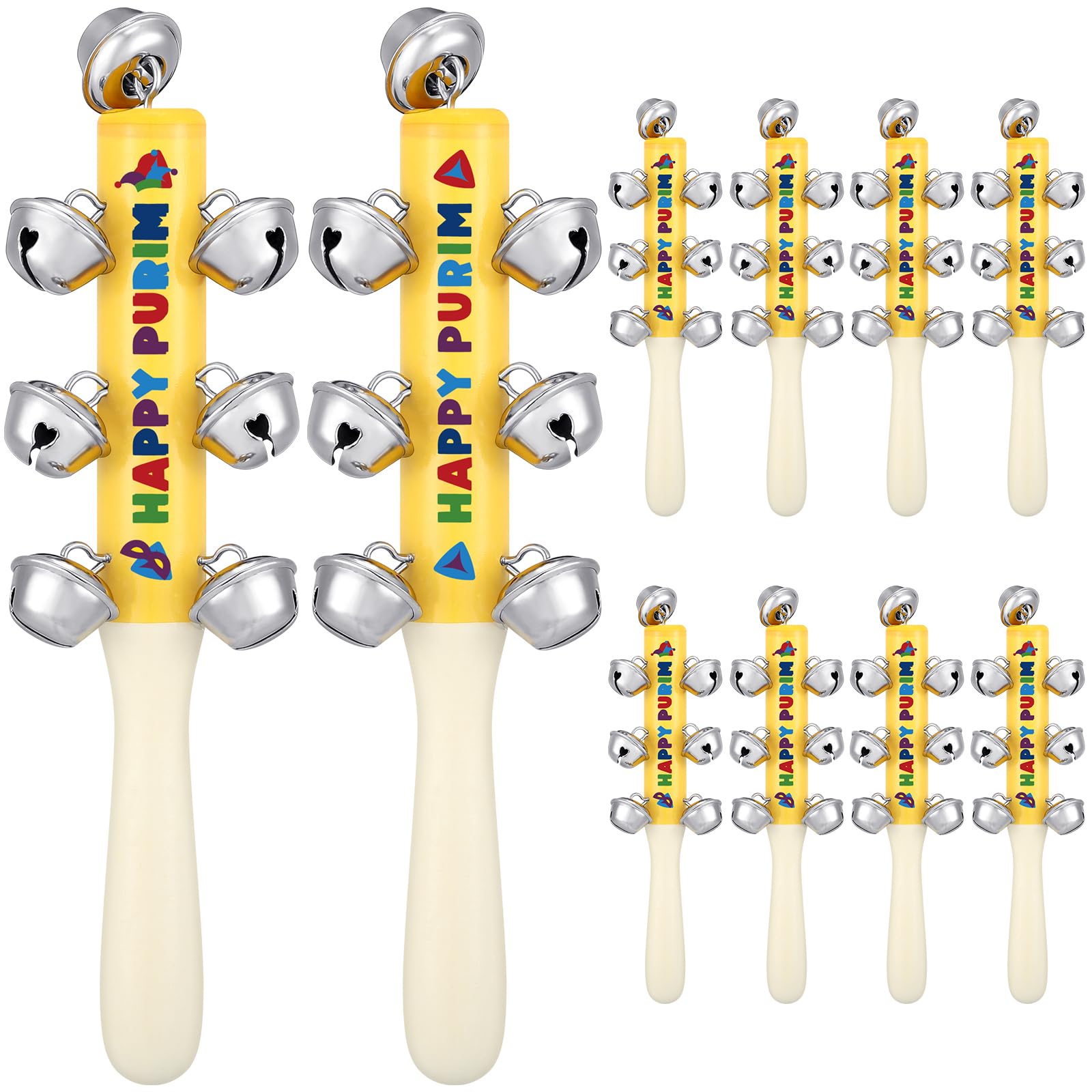 Photo 1 of 10 Pcs Happy Purim Wood Grangers with Bells Musical Instruments Noisemakers for Purim Gift Bags Fillers Jewish Holiday Rattle Party Decorations