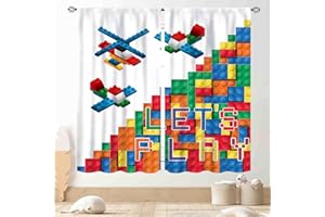 TKUYO Building Blocks Toy Curtains for Boys Room, Abstract Colorful Plastic Building Brick Blocks Toy Geometric Helicopter Aircraft Pattern Window Drapes for Kids Baby Bedroom Living Room, 42"x45" Inch