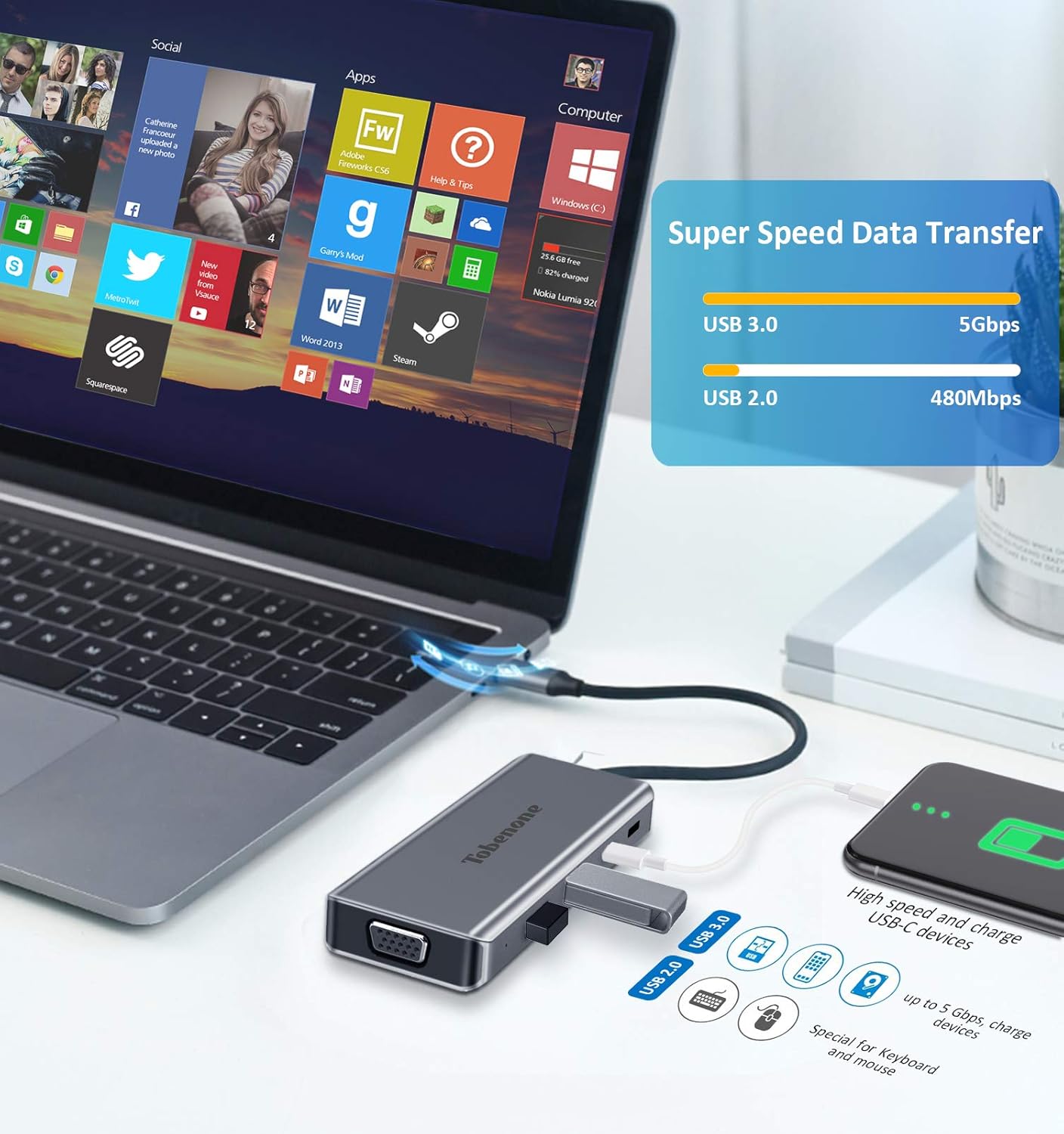 USB C Laptop Docking Station Dual Monitor, 8-in-1 USB C Dock with Dual HDMI, VGA, 2 USB, USB C Charging (PD) and 3.5mm Audio, Type C Docking Station Compatible for USB C Windows Laptops: Computers & Accessories