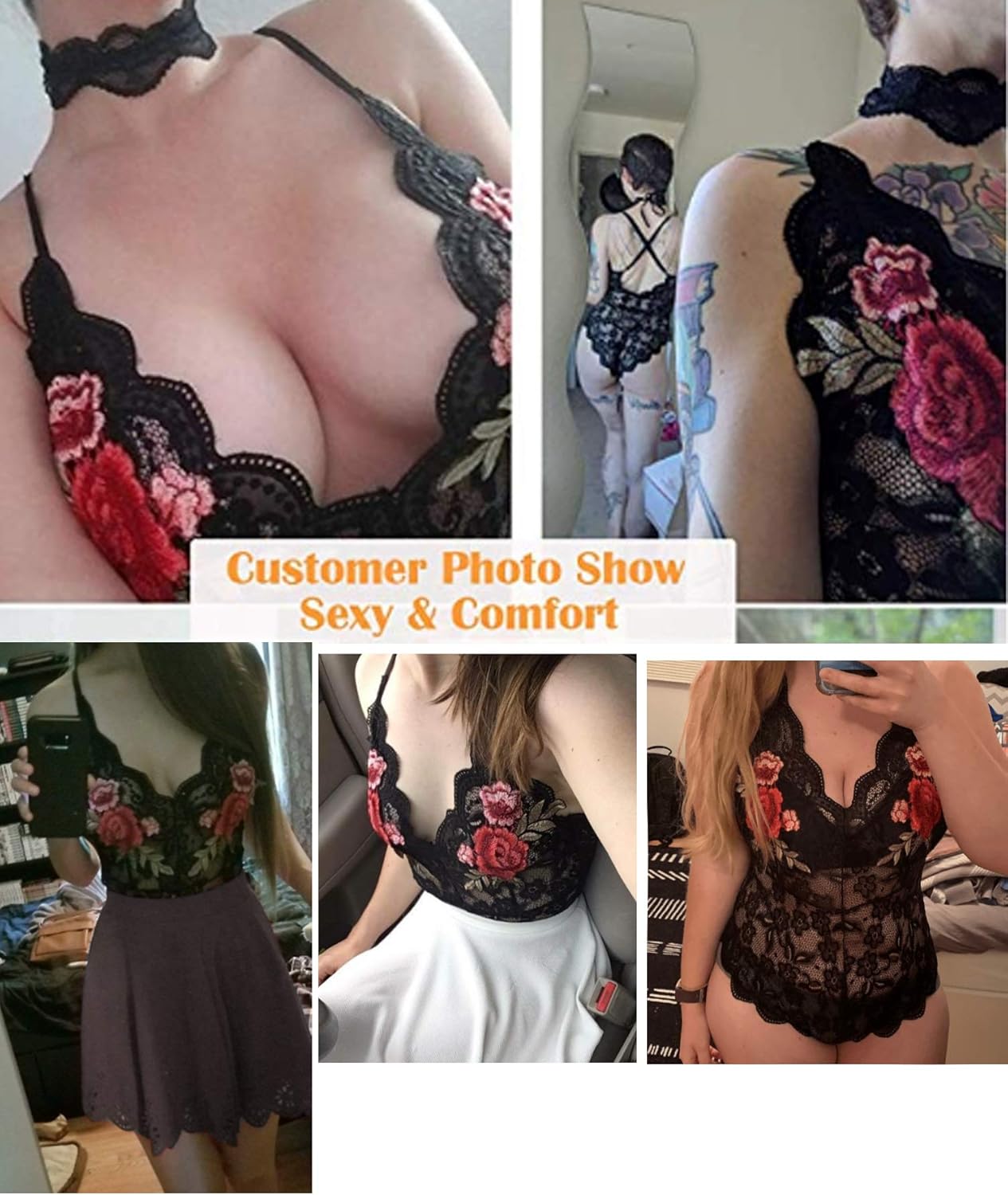 ADOME Women Lingerie Bodysuit Embroidered Lace Teddy with Choker One Piece Babydoll: Clothing