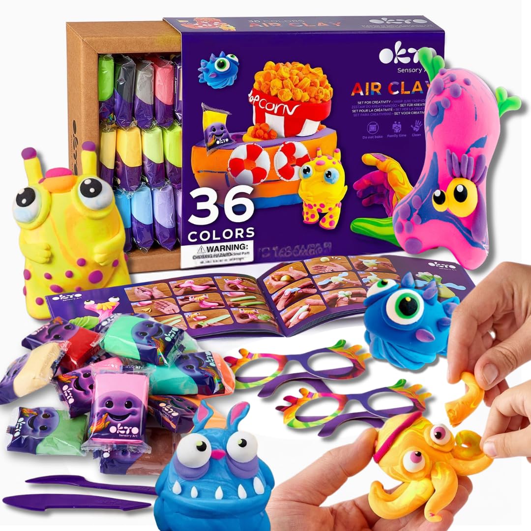 Okto Air Dry Clay for Kids 36-Color Set | Bright Non-Sticky Modelling Clay with Tools, Fantasy Glasses, Storage Bags & Instruction Guide | Creative Craft Clay Kit for Children Ages 5+ | Easy to Shape